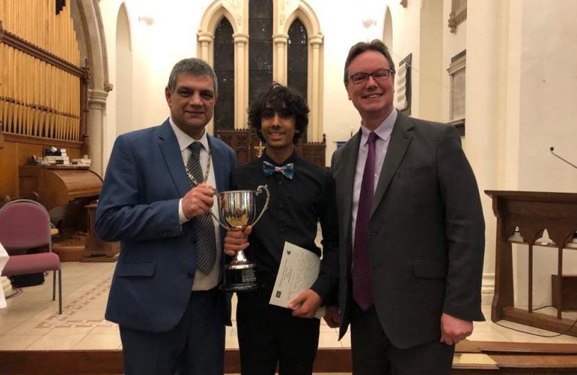 Jonathan Lord MP with Mayor of Woking Cllr Saj Hussain and Jamaal Kashim